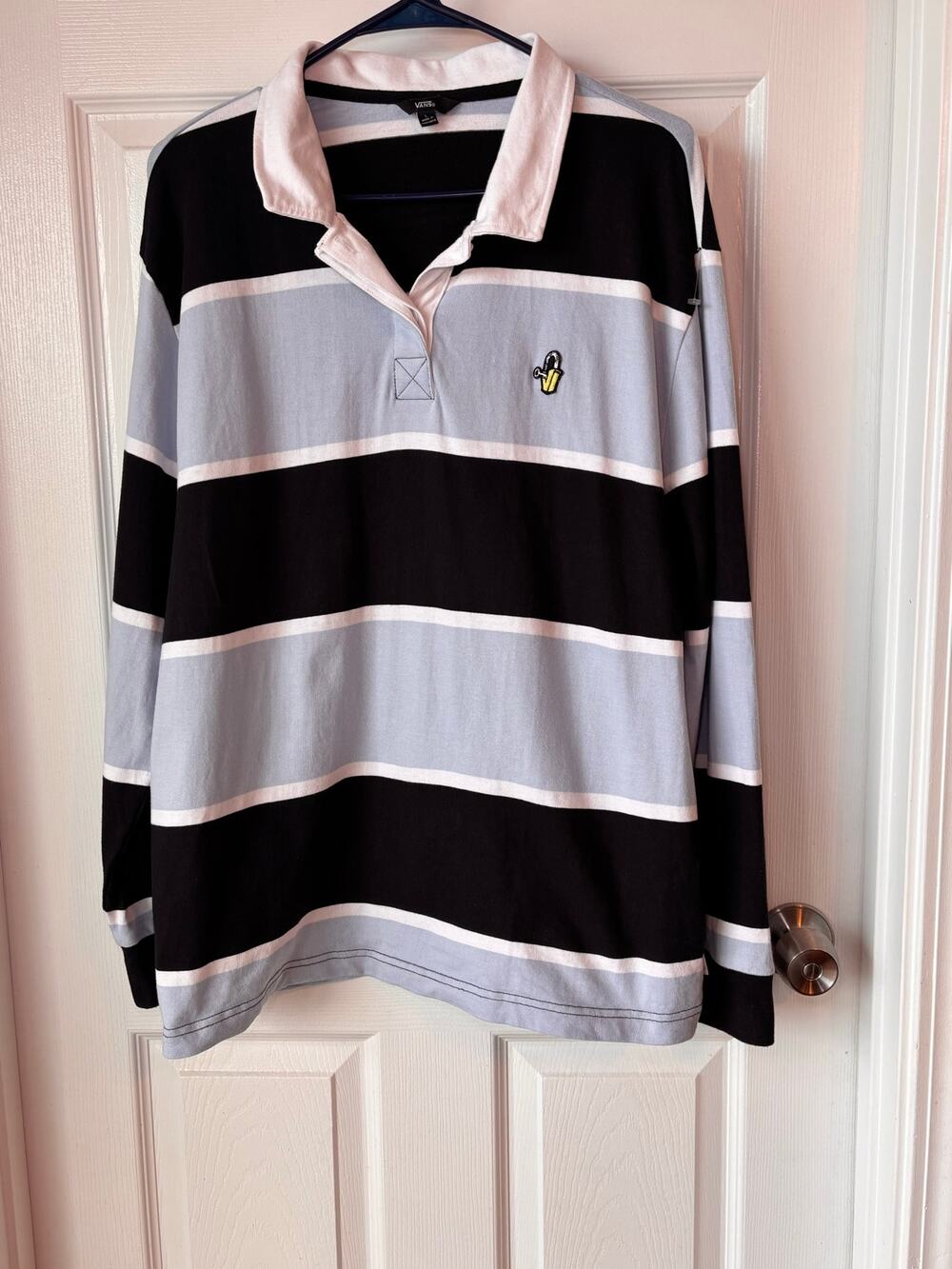Vans Men’s Large Striped Rugby Polo Long Sleeve Black Blue White 100% Cotton